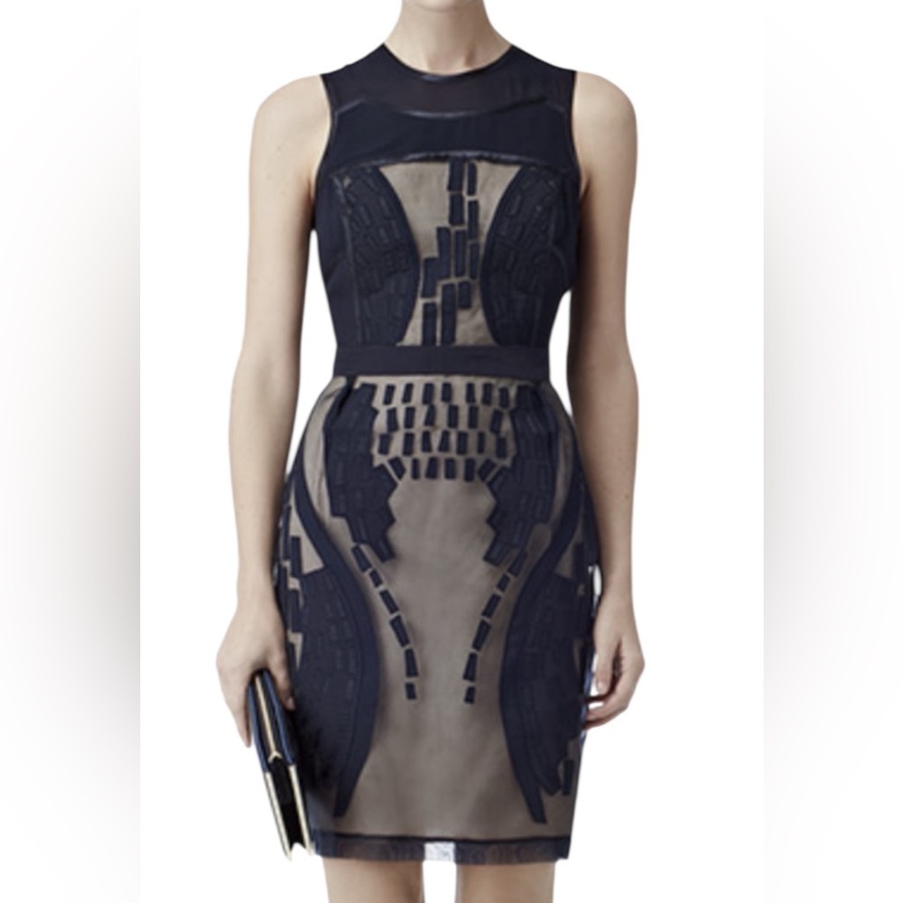 Reiss Strapless Black Nude Mesh Illusion Embroidered Sheath Dress Size 0 K-16